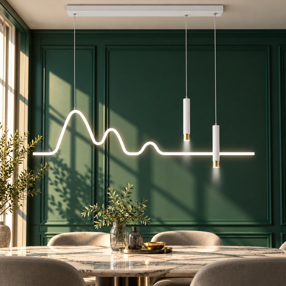 Modern Minimalist Curve Shaped Bar Pendant Lights White curved bar over a dining table