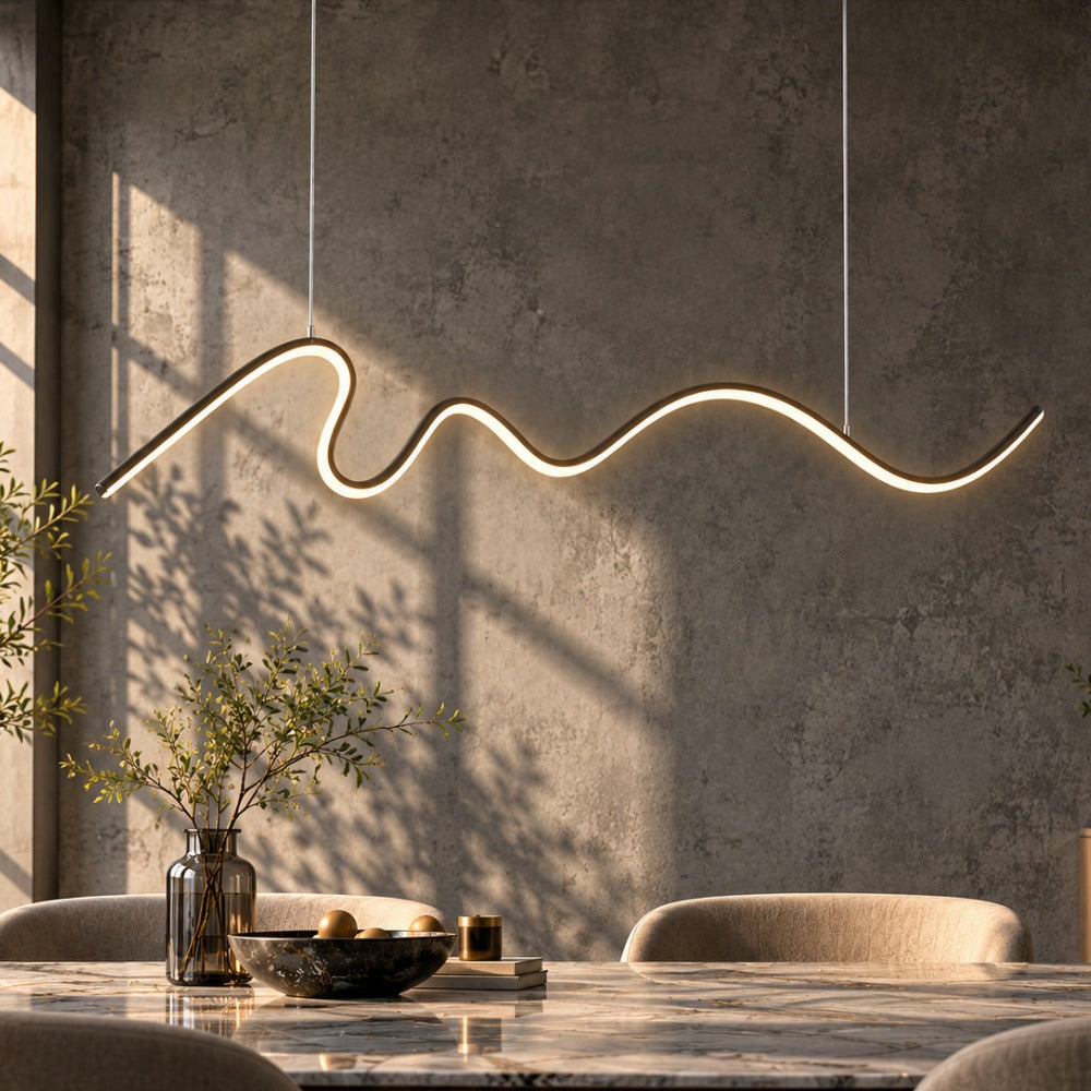 Modern Minimalist Curve Shaped Bar Pendant Lights White curved bar against a concrete wall
