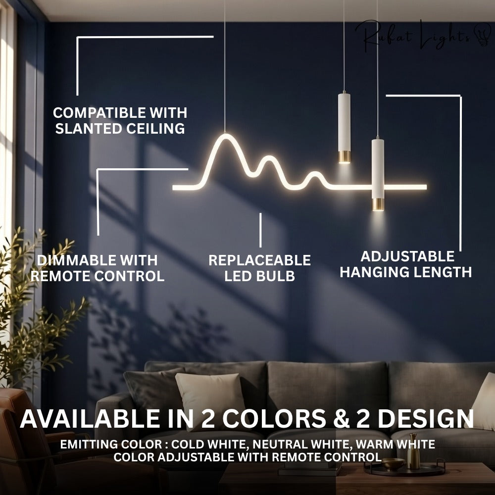Modern Minimalist Curve Shaped Bar Pendant Lights features: compatible with slanted ceiling, dimmable with remote control, replaceable LED bulb, adjustable hanging length, available in 2 colors and 2 designs