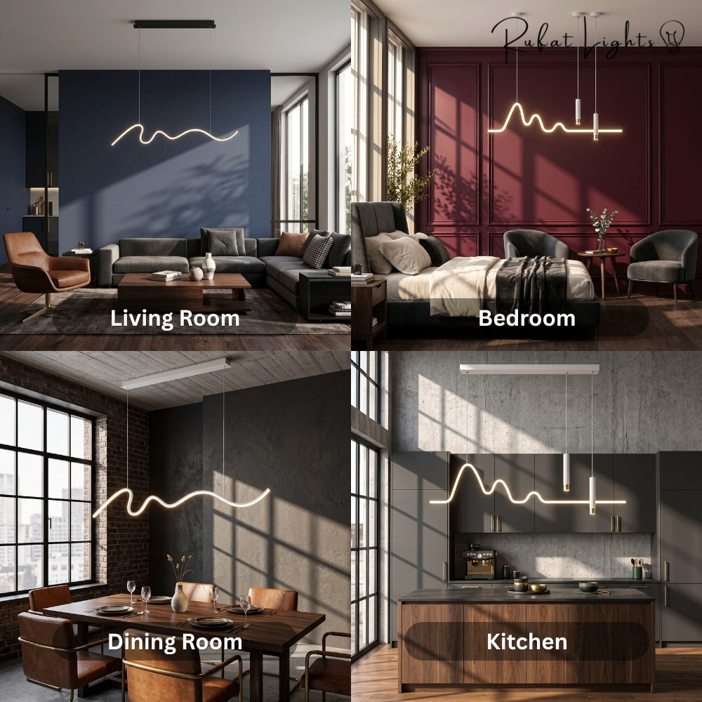 Modern Minimalist Curve Shaped Bar Pendant Lights shown in a living room, bedroom, dining room and kitchen