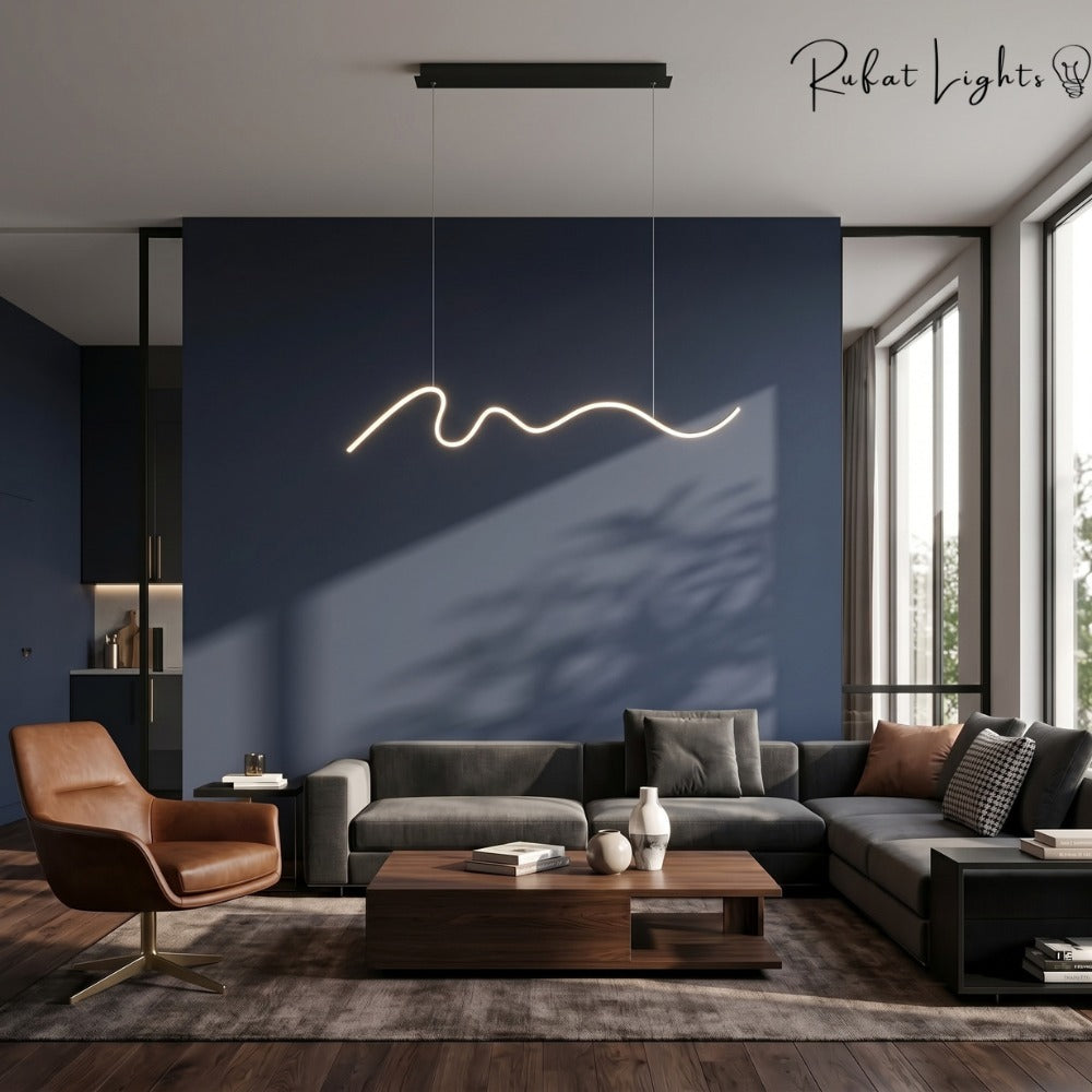 Modern Minimalist Curve Shaped Bar Pendant Lights in a living room