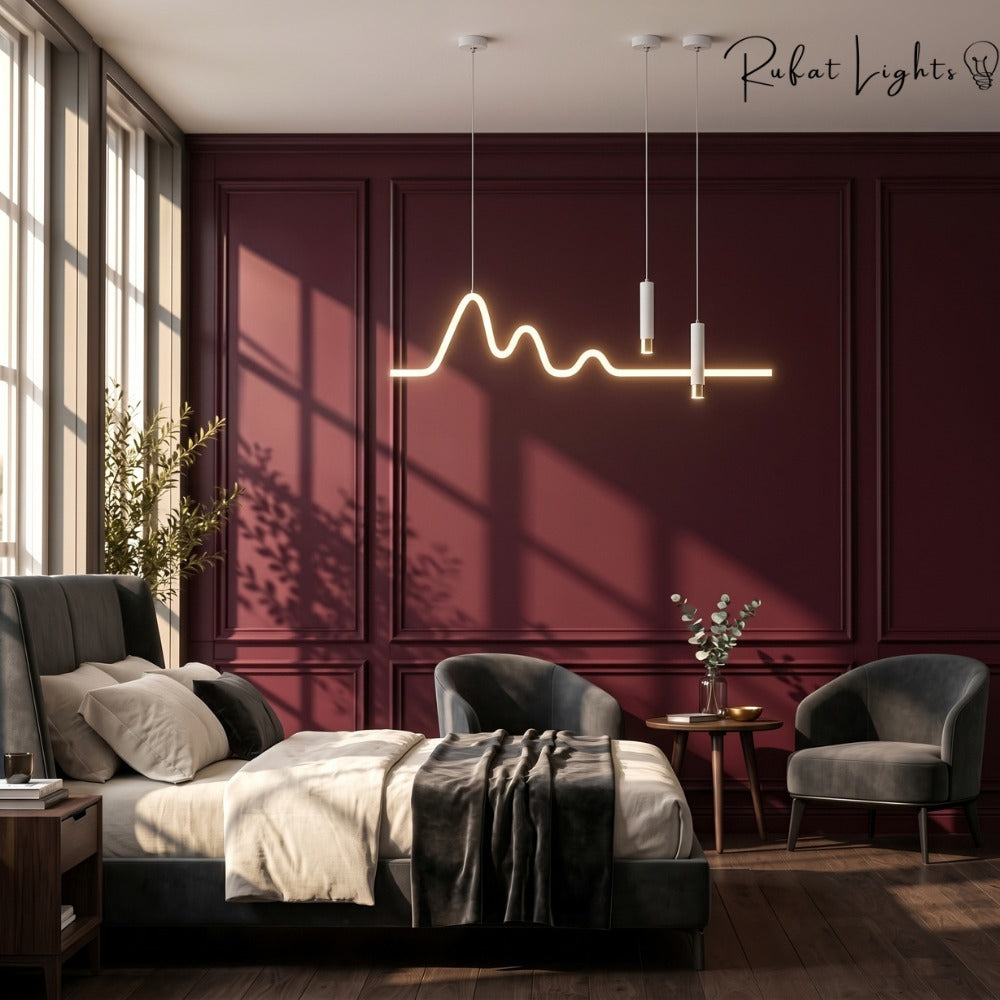 Modern Minimalist Curve Shaped Bar Pendant Lights above a bed