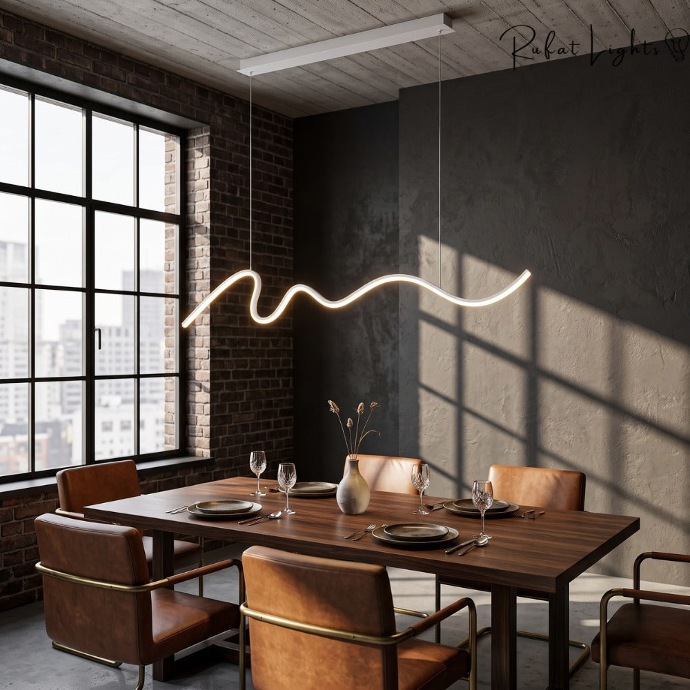 Modern Minimalist Curve Shaped Bar Pendant Lights over a dining table
