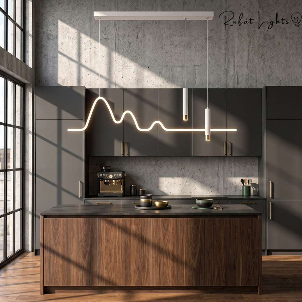 Modern Minimalist Curve Shaped Bar Pendant Lights over a kitchen island
