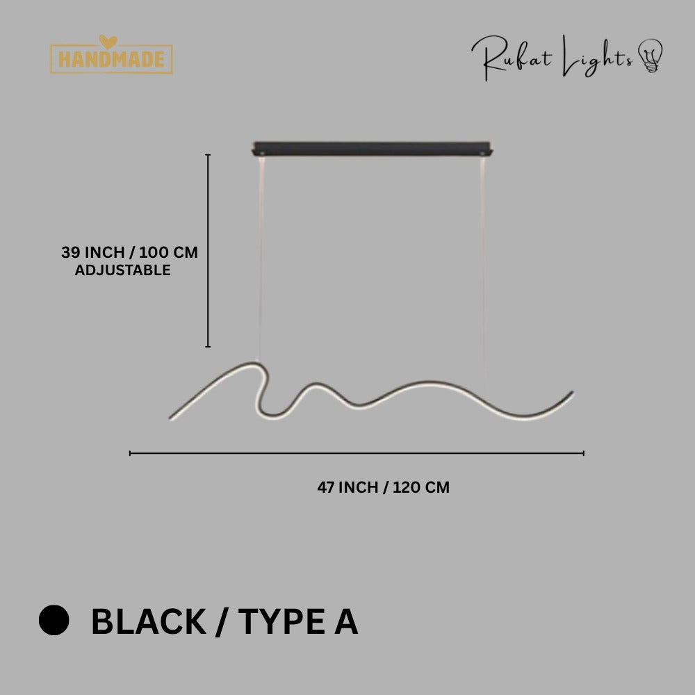 Modern Minimalist Curve Shaped Bar Pendant Lights Black Type A dimensions: 47 in (120 cm) wide, 39 in (100 cm) adjustable hanging length