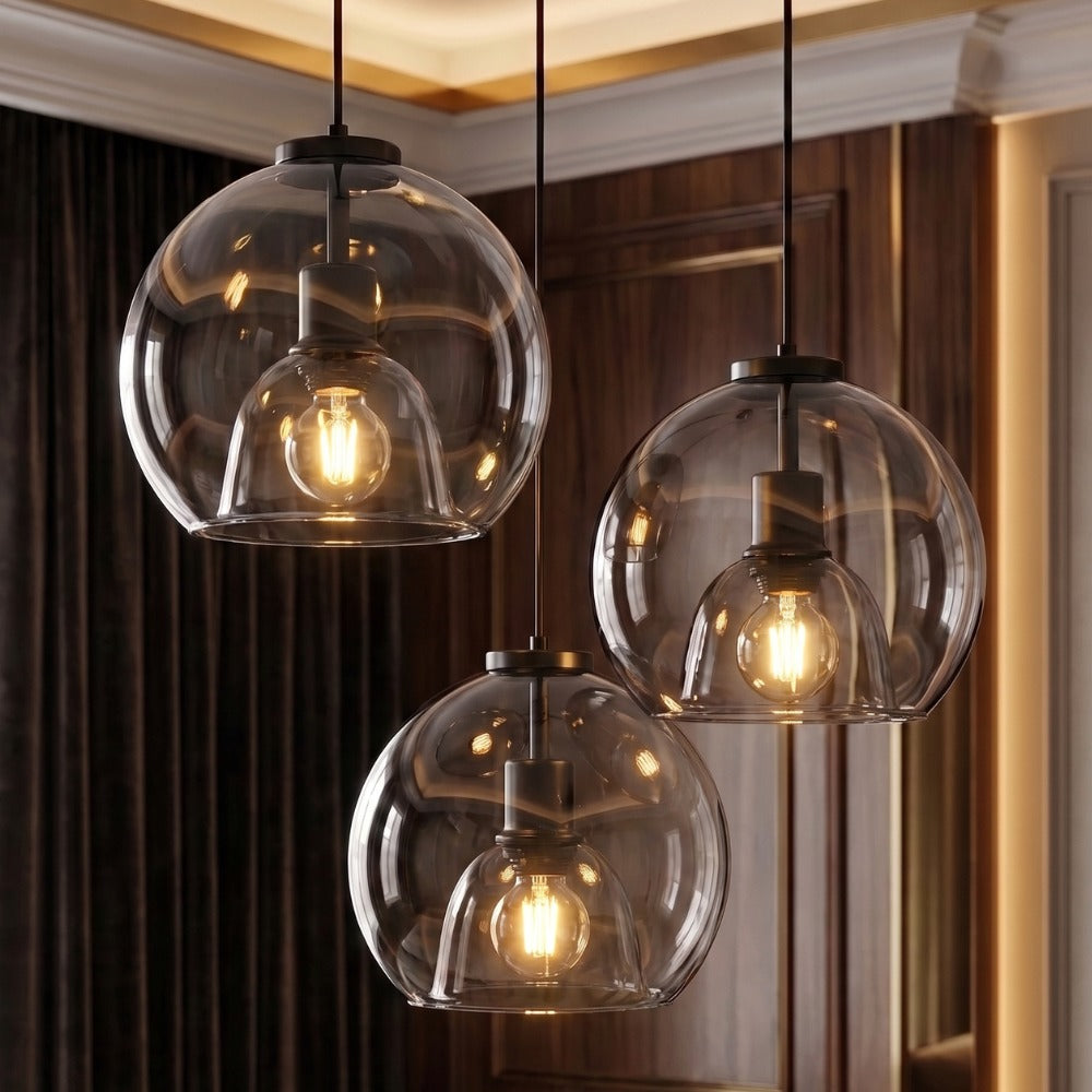 Modern Minimalist Glass Ceiling Light three grey smoked glass globes in a dark wood-panelled room