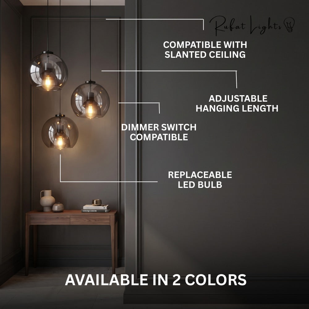 Modern Minimalist Glass Ceiling Light features: compatible with slanted ceiling, adjustable hanging length, dimmer switch compatible, replaceable LED bulb, available in 2 colors
