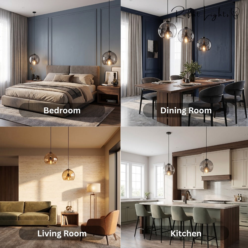 Modern Minimalist Glass Ceiling Light shown in bedroom, dining room, living room and kitchen settings