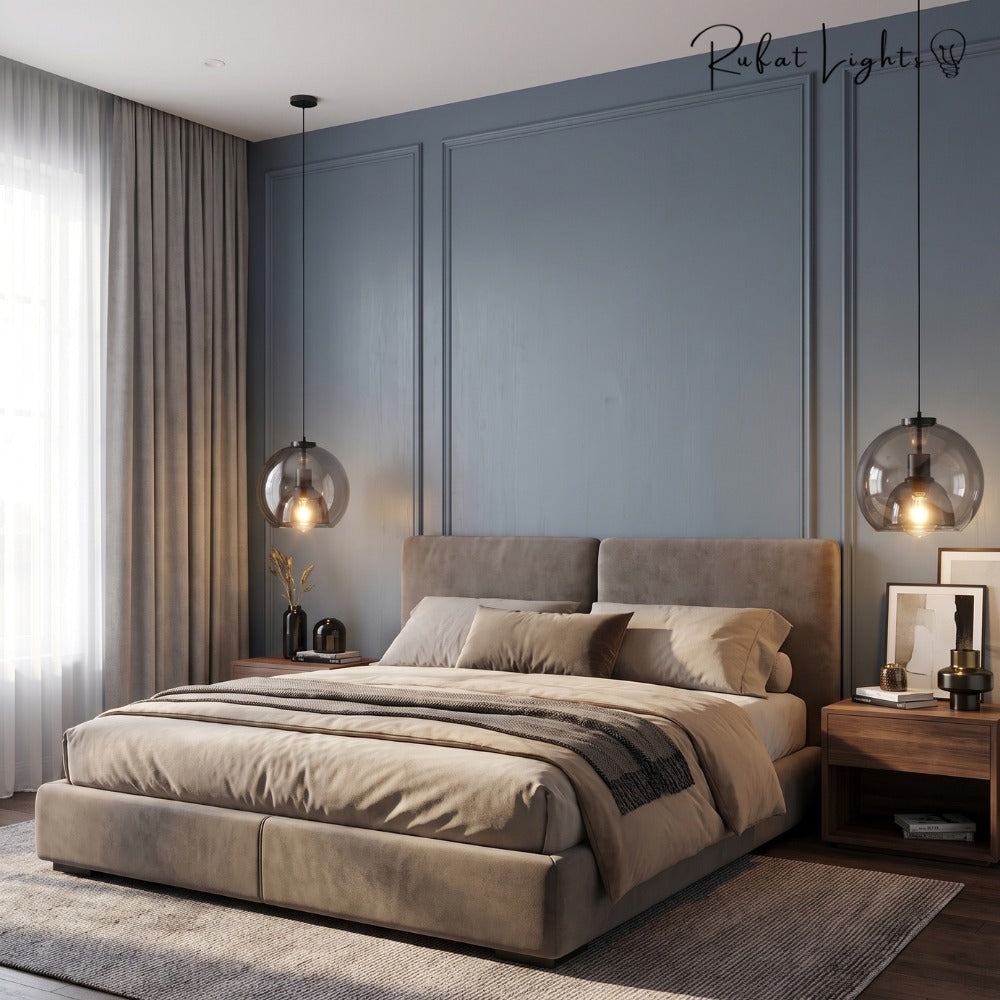 Modern Minimalist Glass Ceiling Light pendants on both sides of the bed in a blue-panelled bedroom