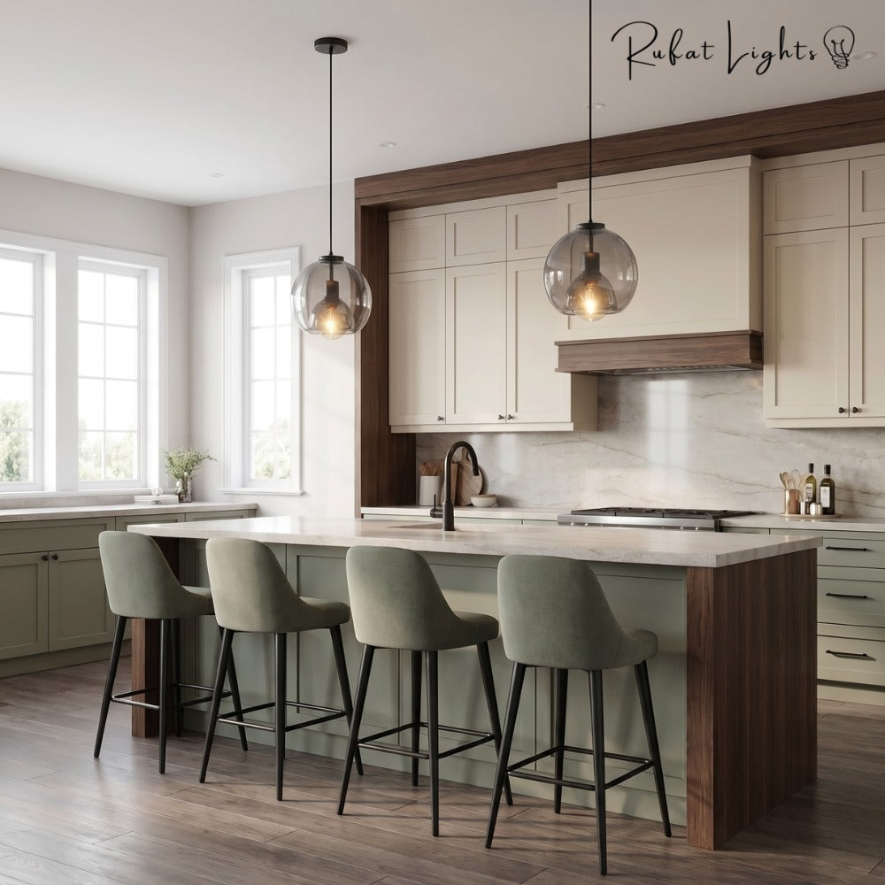 Modern Minimalist Glass Ceiling Light pendants above a kitchen island with green bar stools