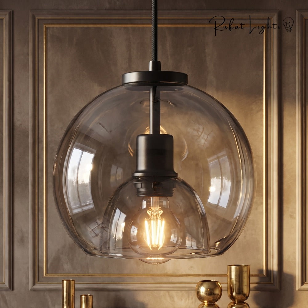 Modern Minimalist Glass Ceiling Light close-up of grey glass shade with vintage filament bulb
