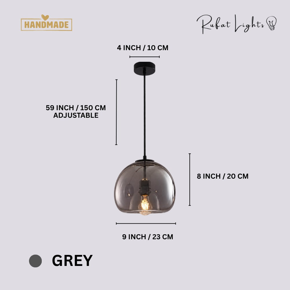 Modern Minimalist Glass Ceiling Light Grey dimensions: 9 in (23 cm) wide, 8 in (20 cm) high, 59 in (150 cm) adjustable cord, 4 in (10 cm) canopy