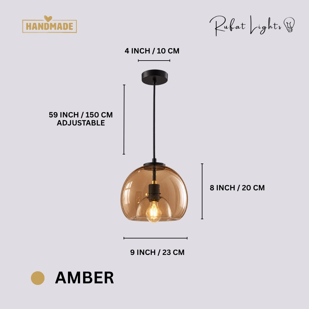 Modern Minimalist Glass Ceiling Light Amber dimensions: 9 in (23 cm) wide, 8 in (20 cm) high, 59 in (150 cm) adjustable cord, 4 in (10 cm) canopy