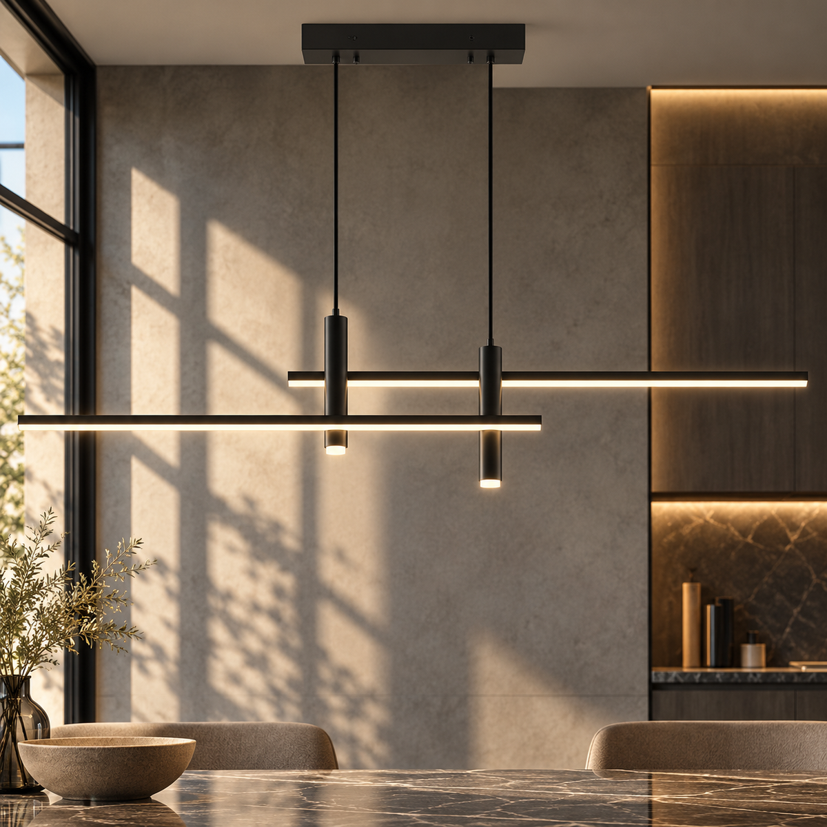 Modern Minimalist Sleek Metal Rod Chandelier black linear rod chandelier glowing over a dining table against a sunlit stone wall