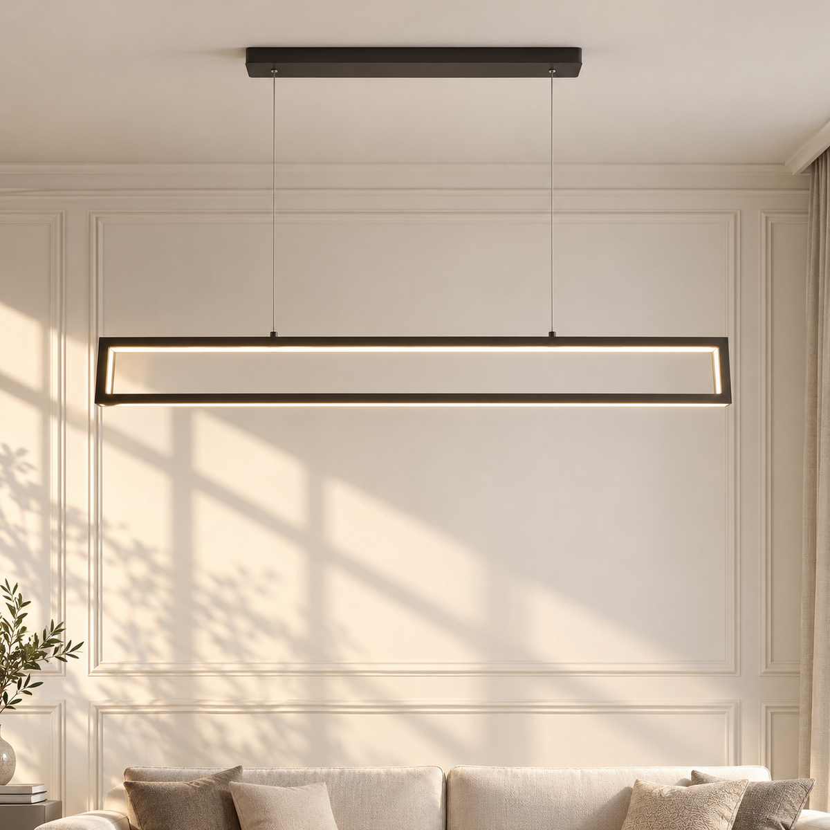 Modern Rectangle Long Strip Pendant Lights black rectangle LED pendant over a living room sofa