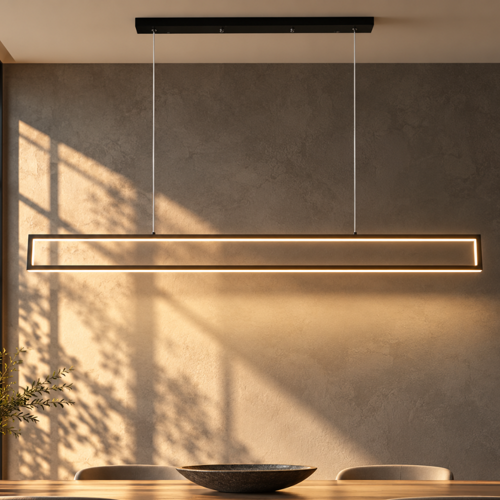 Modern Rectangle Long Strip Pendant Lights rectangle LED pendant over a dining table in warm sunlight