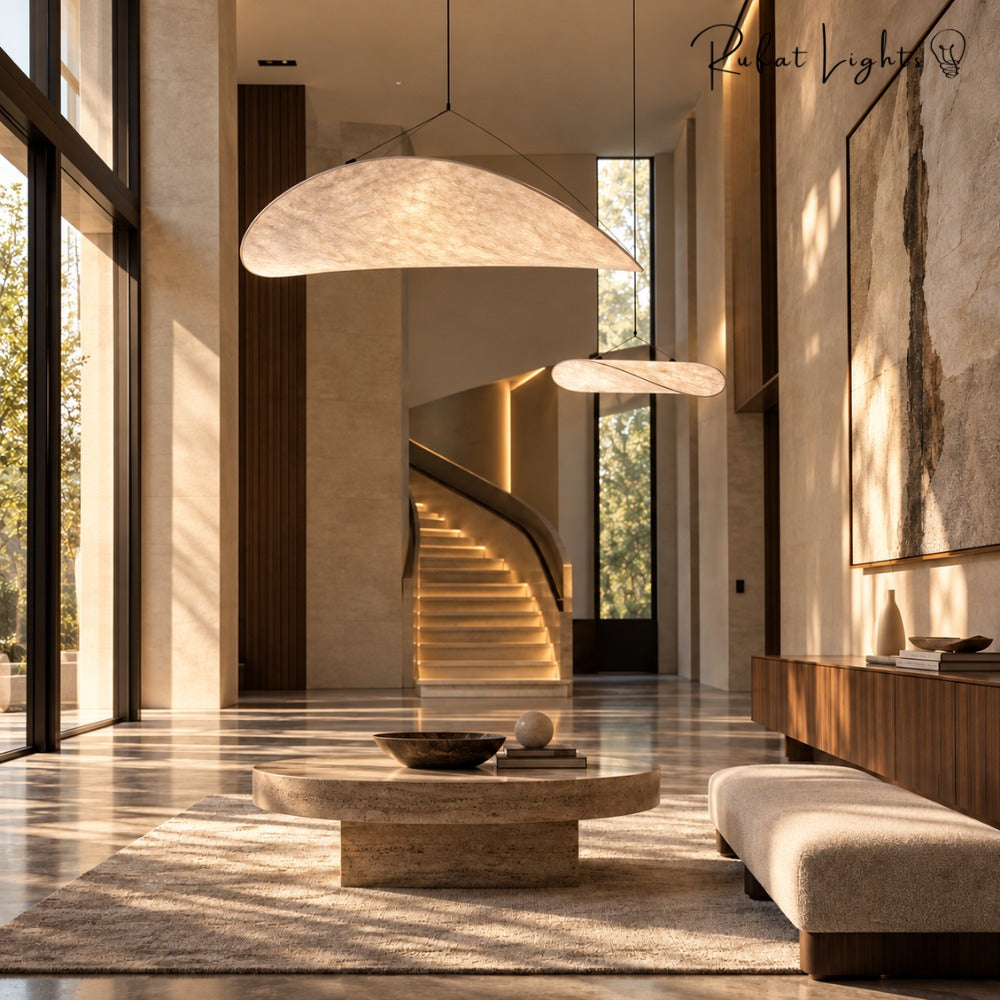 Modern Silk Fabric Vertigo Tense Pendant Light in a double-height foyer with a curved staircase