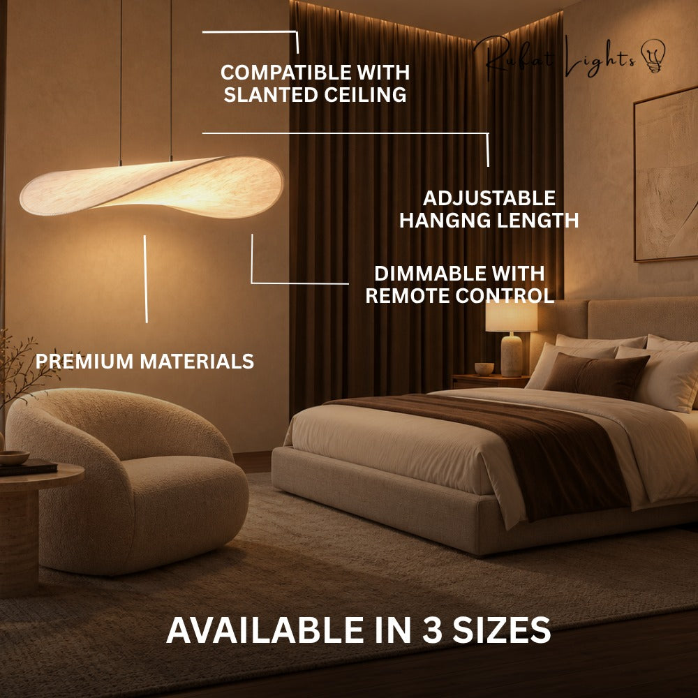 Modern Silk Fabric Vertigo Tense Pendant Light features: compatible with slanted ceiling, adjustable hanging length, dimmable with remote control, premium materials, available in 3 sizes