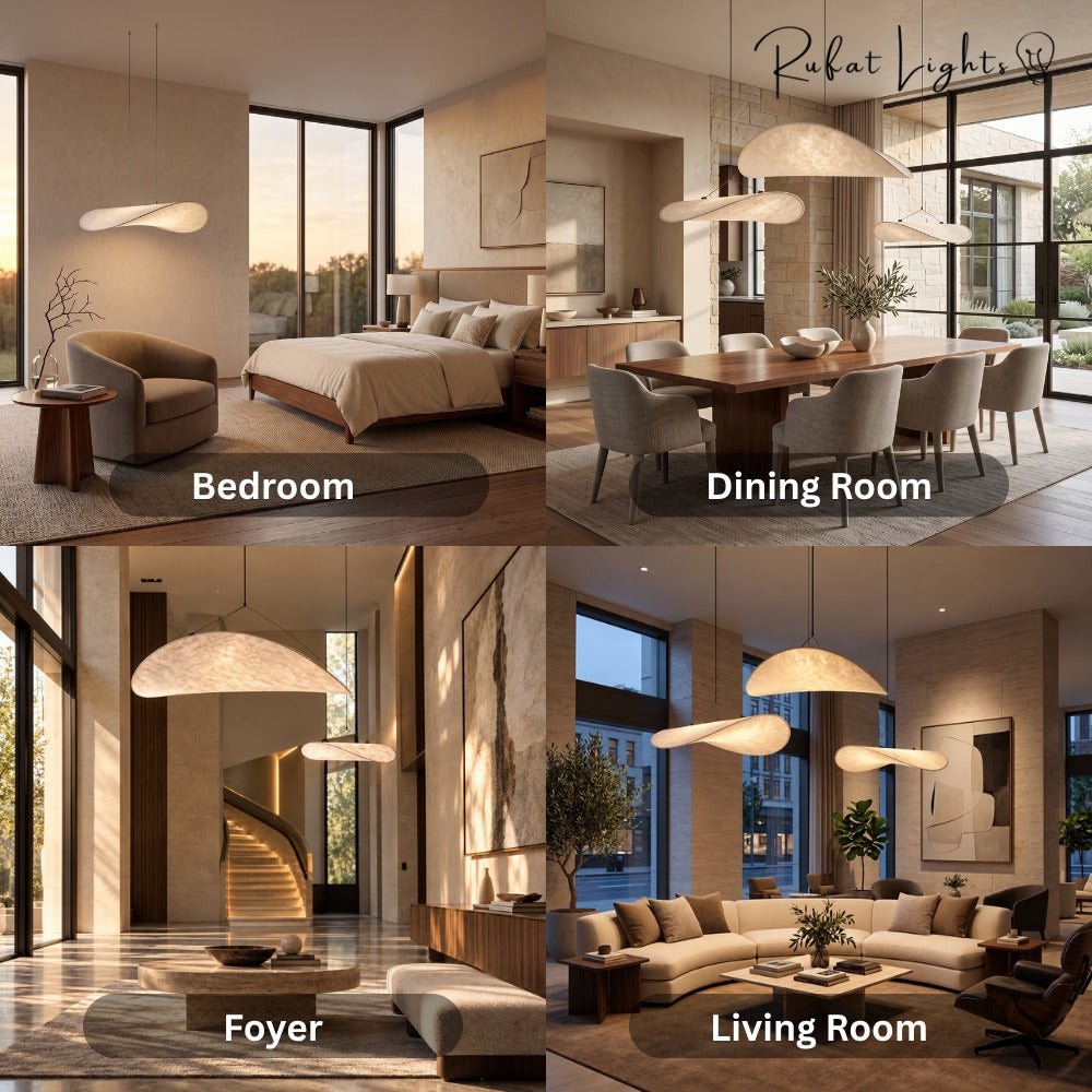 Modern Silk Fabric Vertigo Tense Pendant Light shown in a bedroom, dining room, foyer and living room