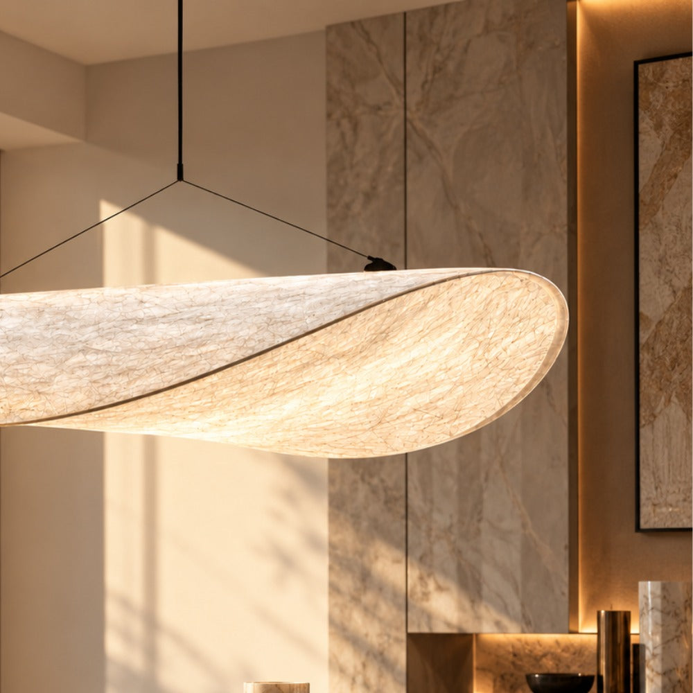 Modern Silk Fabric Vertigo Tense Pendant Light close-up of the silk fabric shade