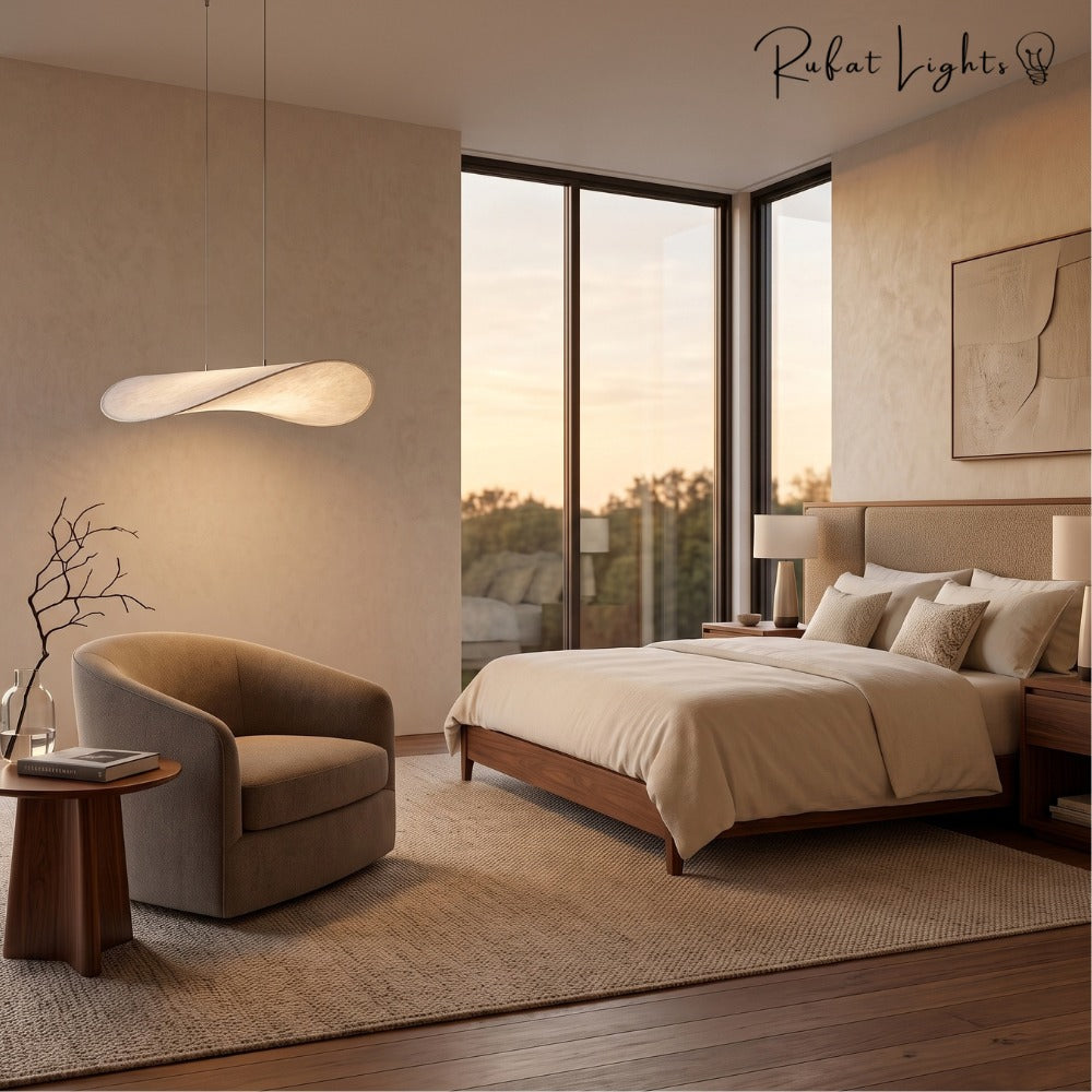 Modern Silk Fabric Vertigo Tense Pendant Light in a bedroom beside an armchair