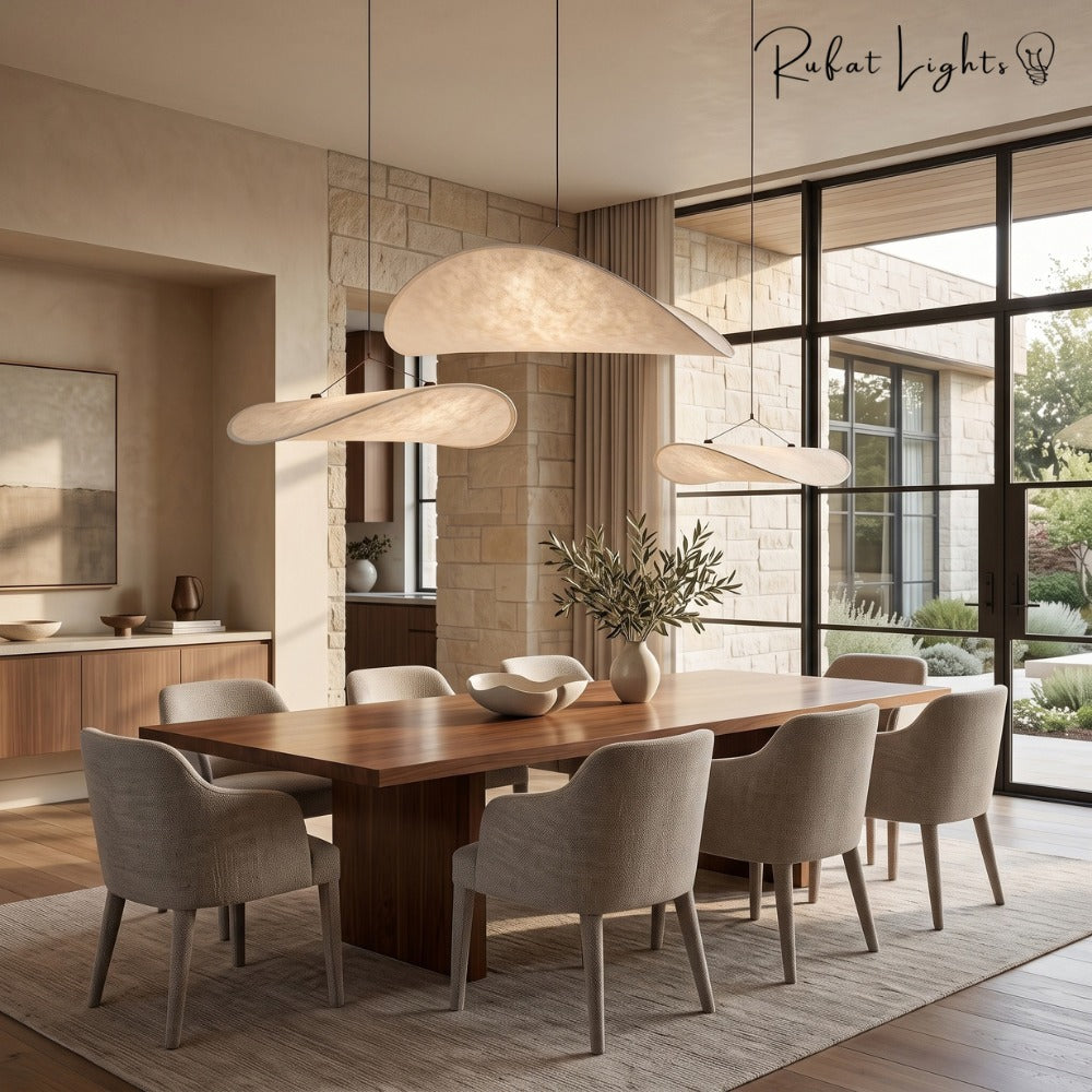 Modern Silk Fabric Vertigo Tense Pendant Light over a dining table