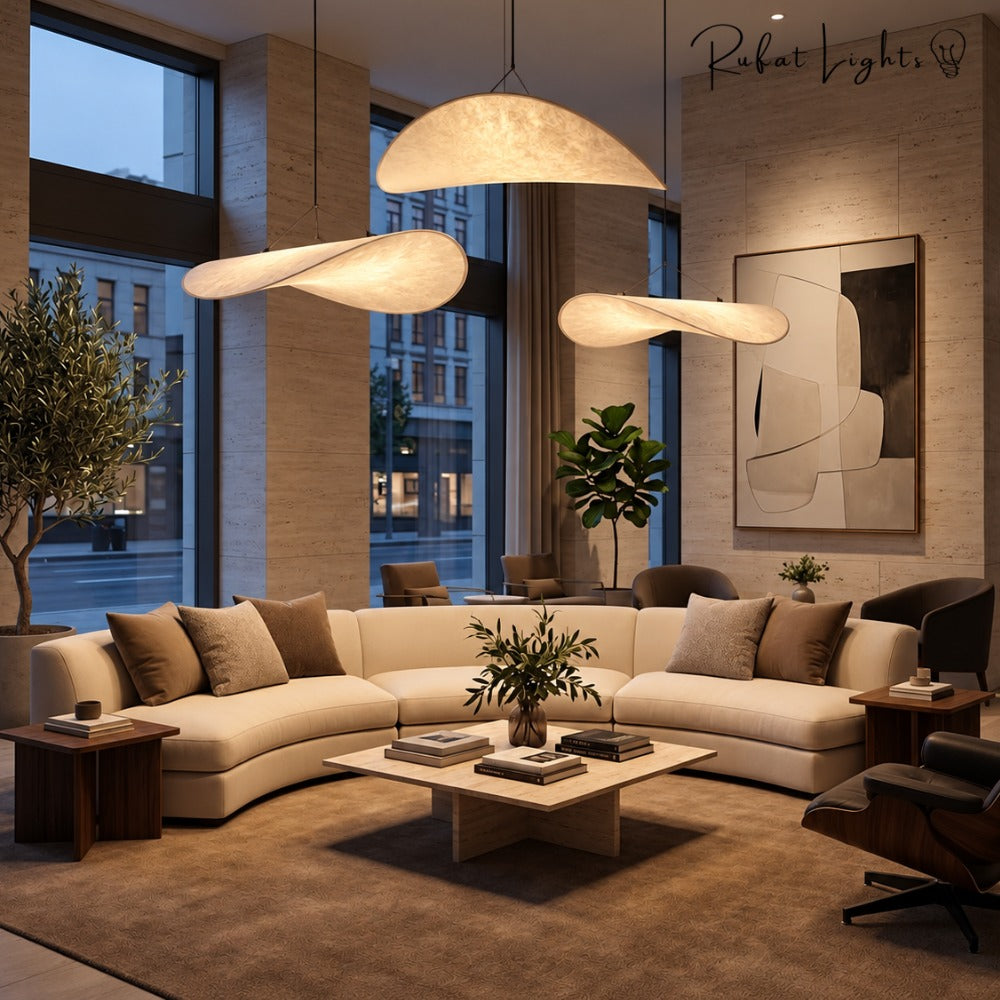 Modern Silk Fabric Vertigo Tense Pendant Light in a living room with a curved sofa