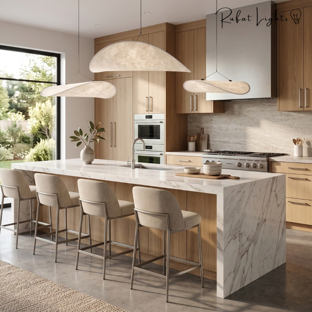 Modern Silk Fabric Vertigo Tense Pendant Light over a kitchen island