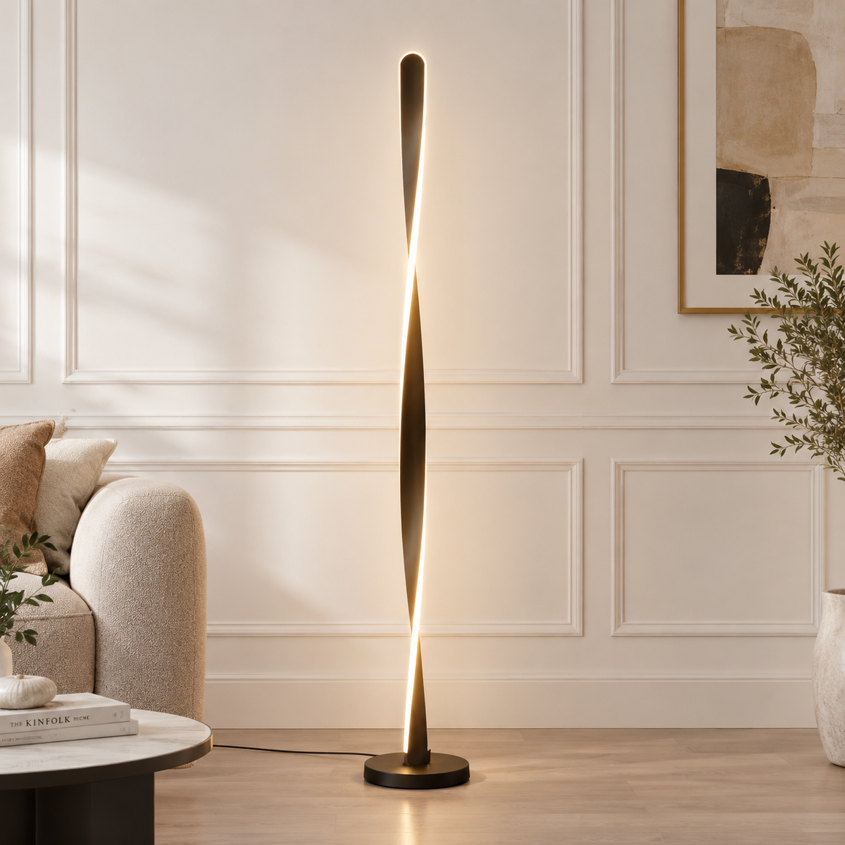 Modern Spiral Long Line Dimmable Floor Lamp black spiral LED floor lamp glowing in a bright living room