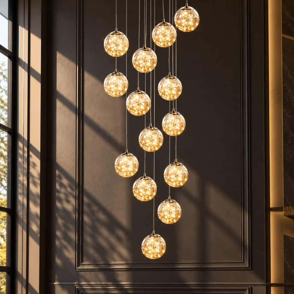 Modern Spiral Stair Glass Ball String Chandelier spiral glass ball chandelier in a dark stairwell