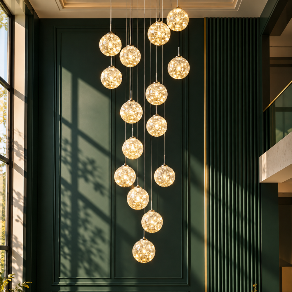Modern Spiral Stair Glass Ball String Chandelier long spiral version in a green stairwell