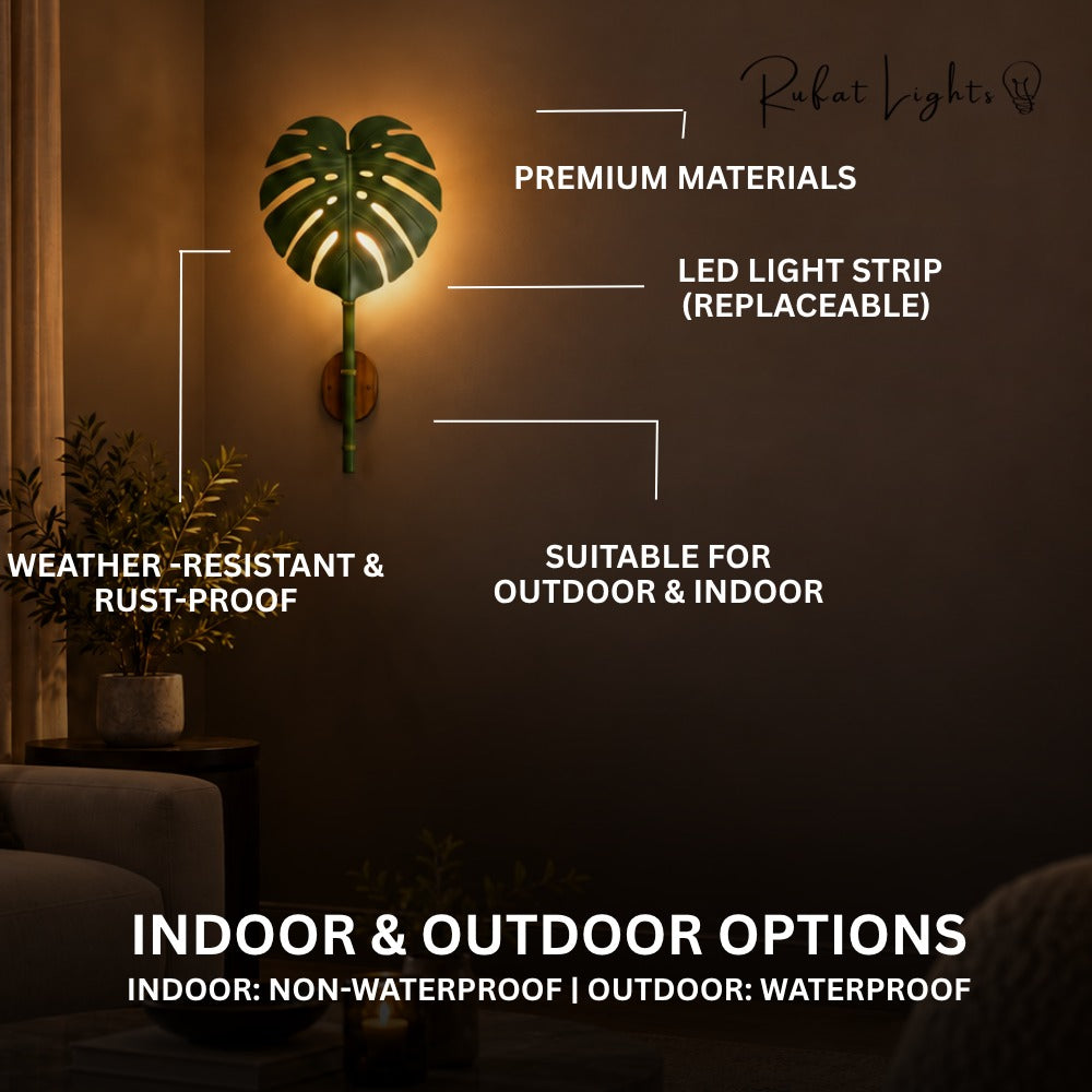 Monstera Leaf Bamboo Outdoor Wall Lamp features: premium materials, replaceable LED light strip, weather-resistant and rust-proof, suitable for outdoor and indoor