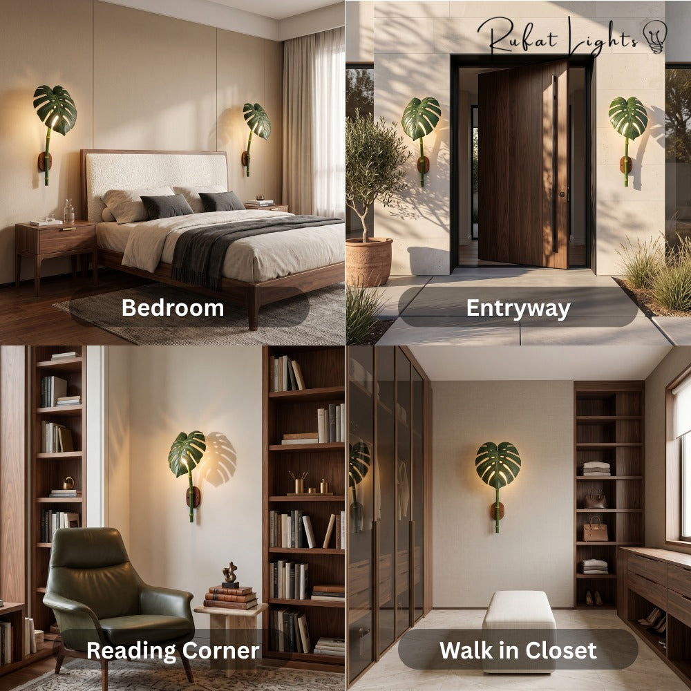 Monstera Leaf Bamboo Outdoor Wall Lamp shown in a bedroom, entryway, reading corner and walk-in closet