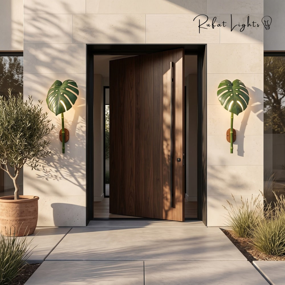 Monstera Leaf Bamboo Outdoor Wall Lamp pair framing an entrance door