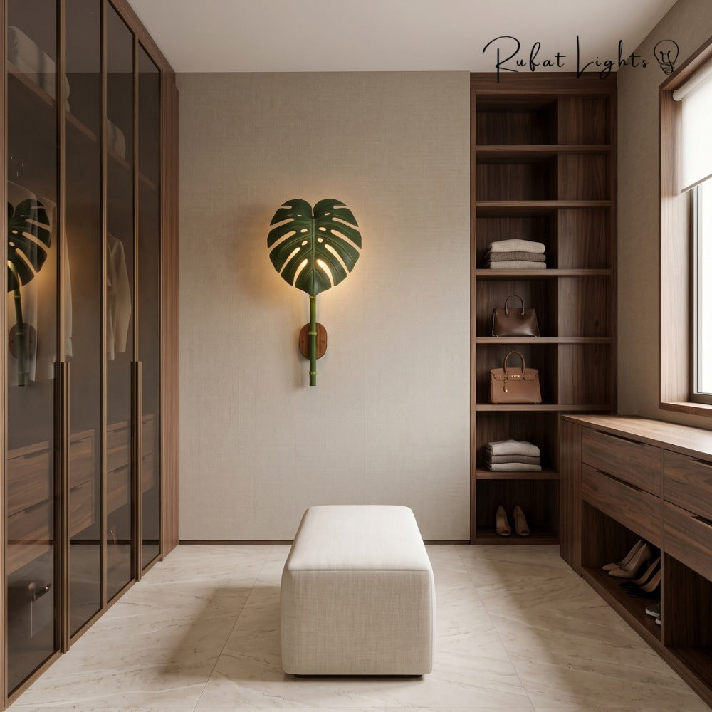 Monstera Leaf Bamboo Outdoor Wall Lamp in a walk-in closet