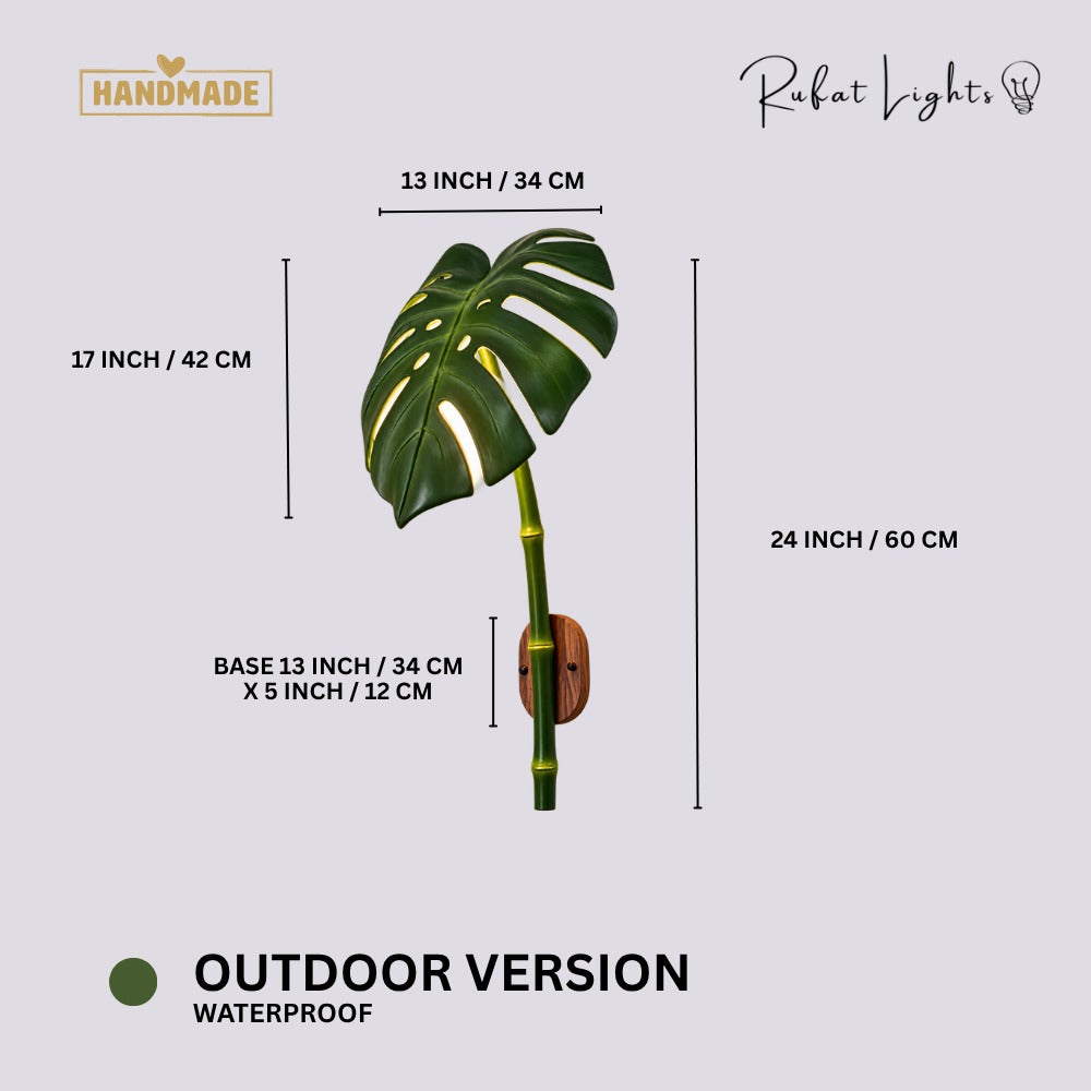 Monstera Leaf Bamboo Outdoor Wall Lamp Outdoor Version dimensions: 24 in (60 cm) high, leaf 13 x 17 in (34 x 42 cm), base 13 x 5 in (34 x 12 cm)