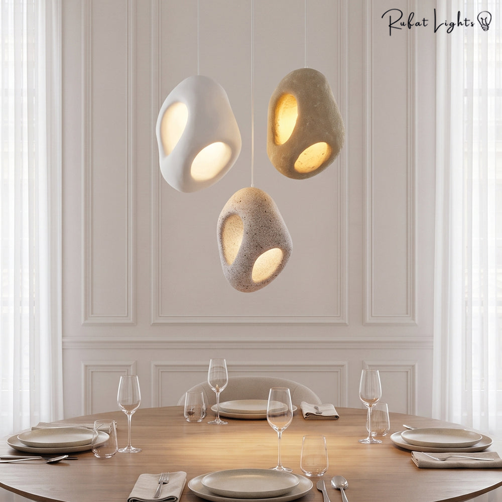 Nature-Inspired Wabi Sabi Nest Pendant Light three pendants over a dining table