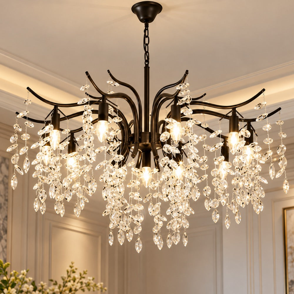 Nordic Art Branch Golden Crystal Chandelier Black with crystal leaf branches