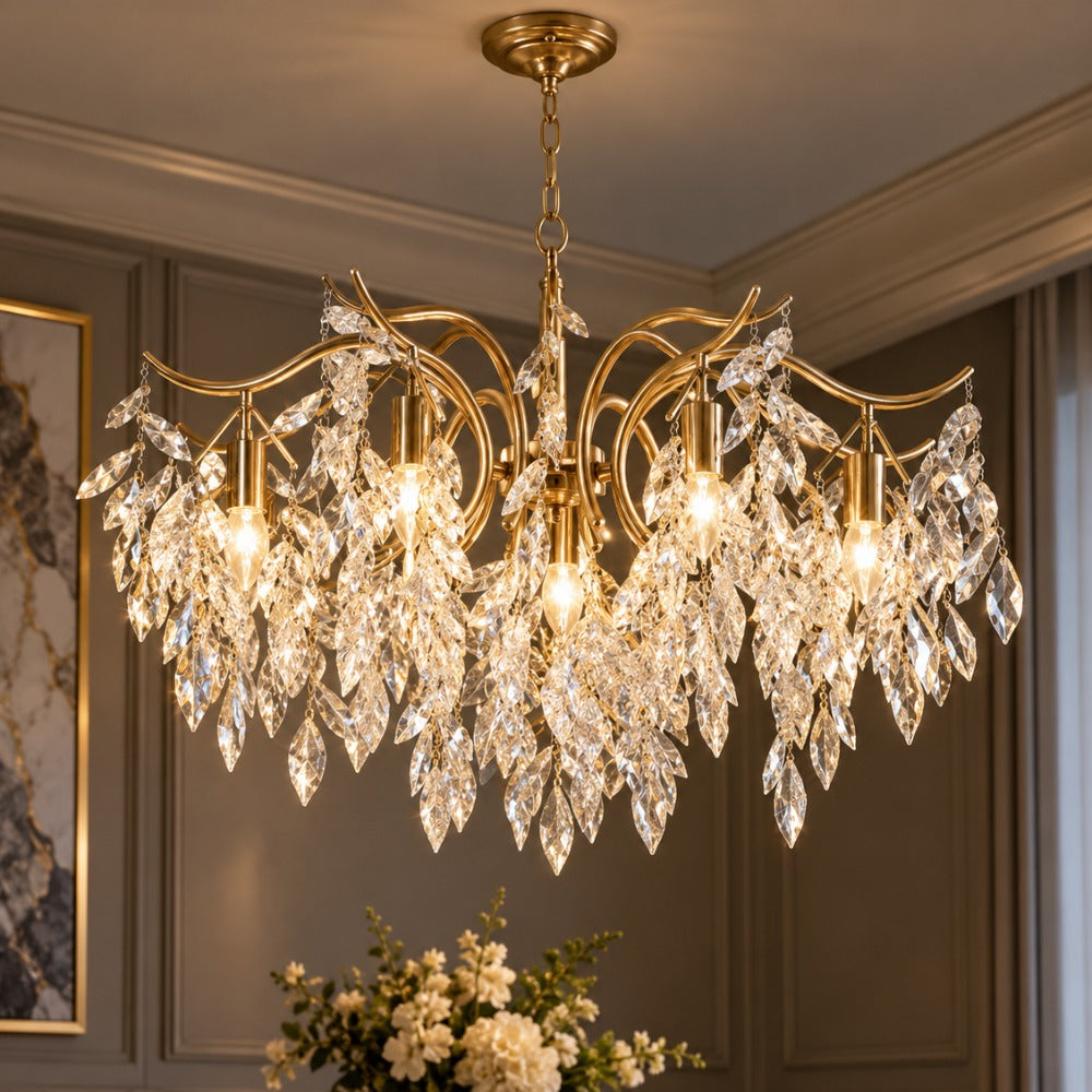 Nordic Art Branch Golden Crystal Chandelier Gold with crystal leaf branches