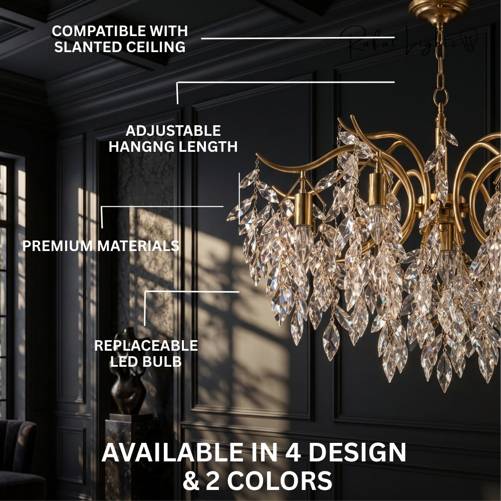 Nordic Art Branch Golden Crystal Chandelier features: compatible with slanted ceiling, adjustable hanging length, premium materials, replaceable LED bulb, available in 4 designs and 2 colors