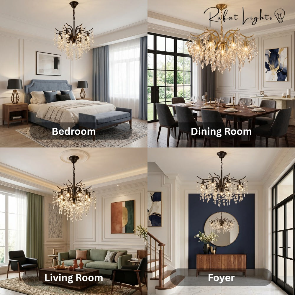Nordic Art Branch Golden Crystal Chandelier shown in a bedroom, dining room, living room and foyer