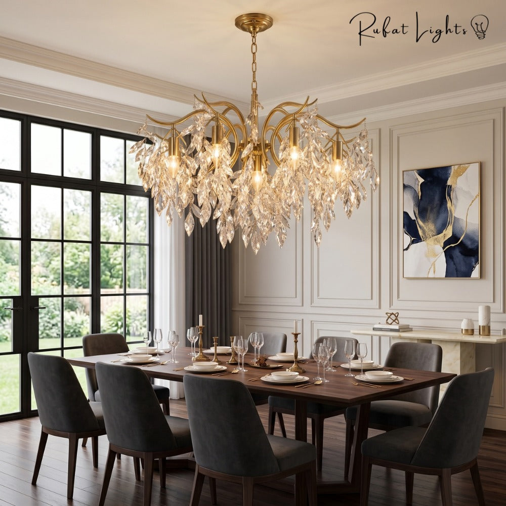 Nordic Art Branch Golden Crystal Chandelier Gold over a dining table