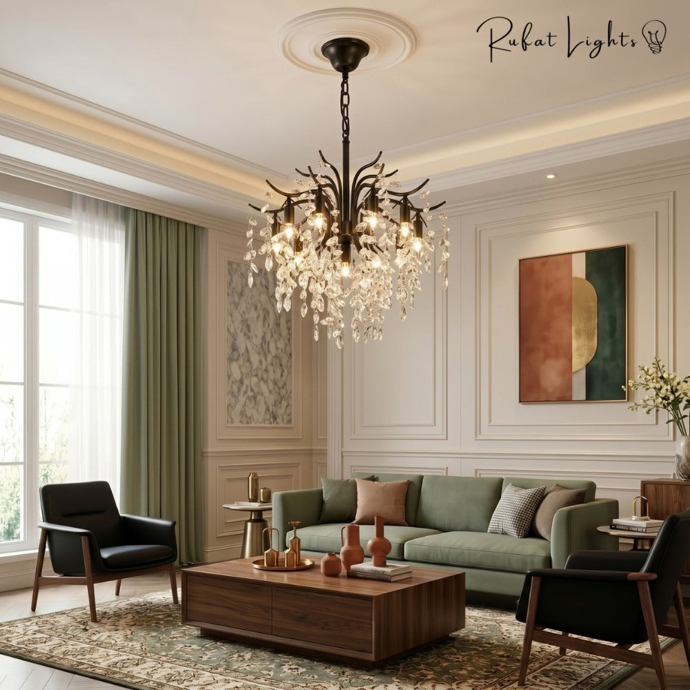 Nordic Art Branch Golden Crystal Chandelier Black in a living room