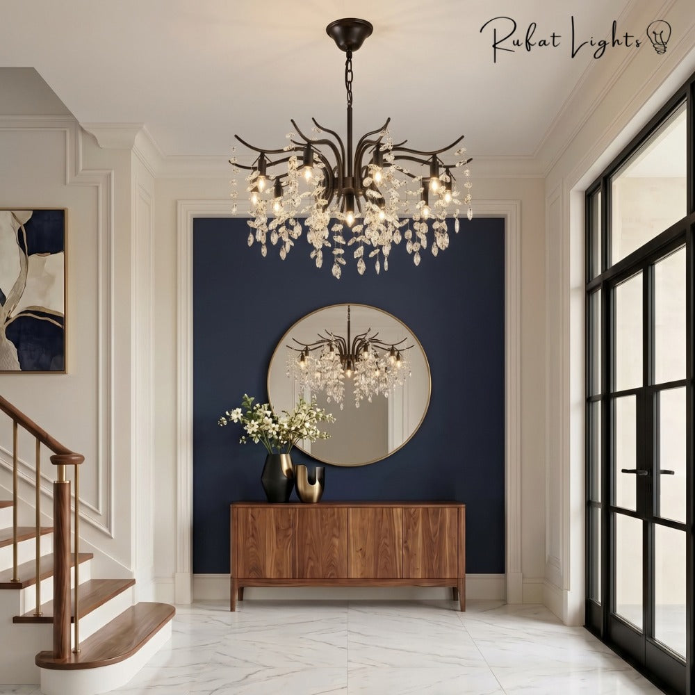 Nordic Art Branch Golden Crystal Chandelier Black in a foyer with stairs