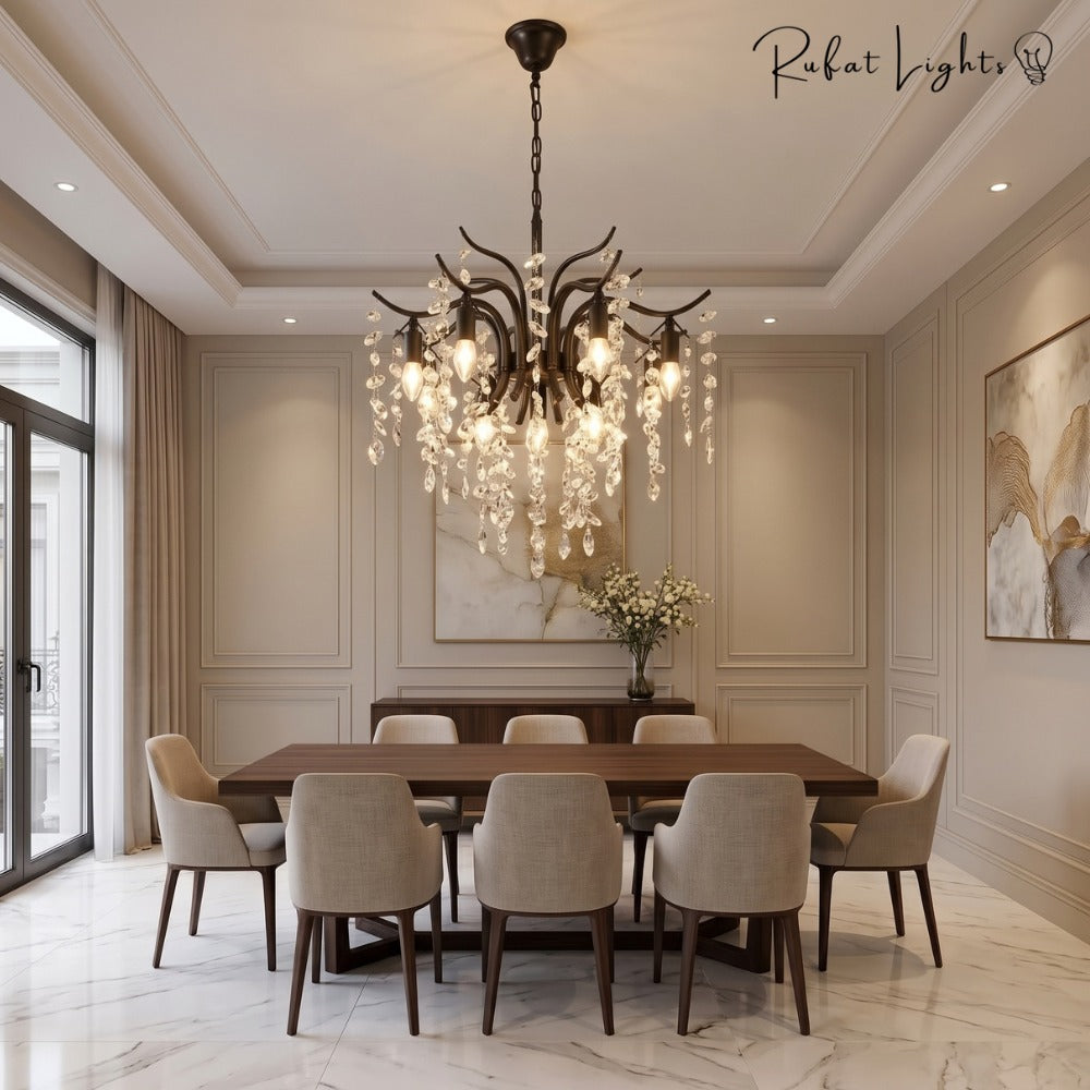 Nordic Art Branch Golden Crystal Chandelier Black over a dining table