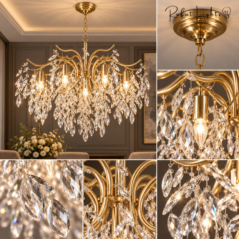 Nordic Art Branch Golden Crystal Chandelier Gold crystal details