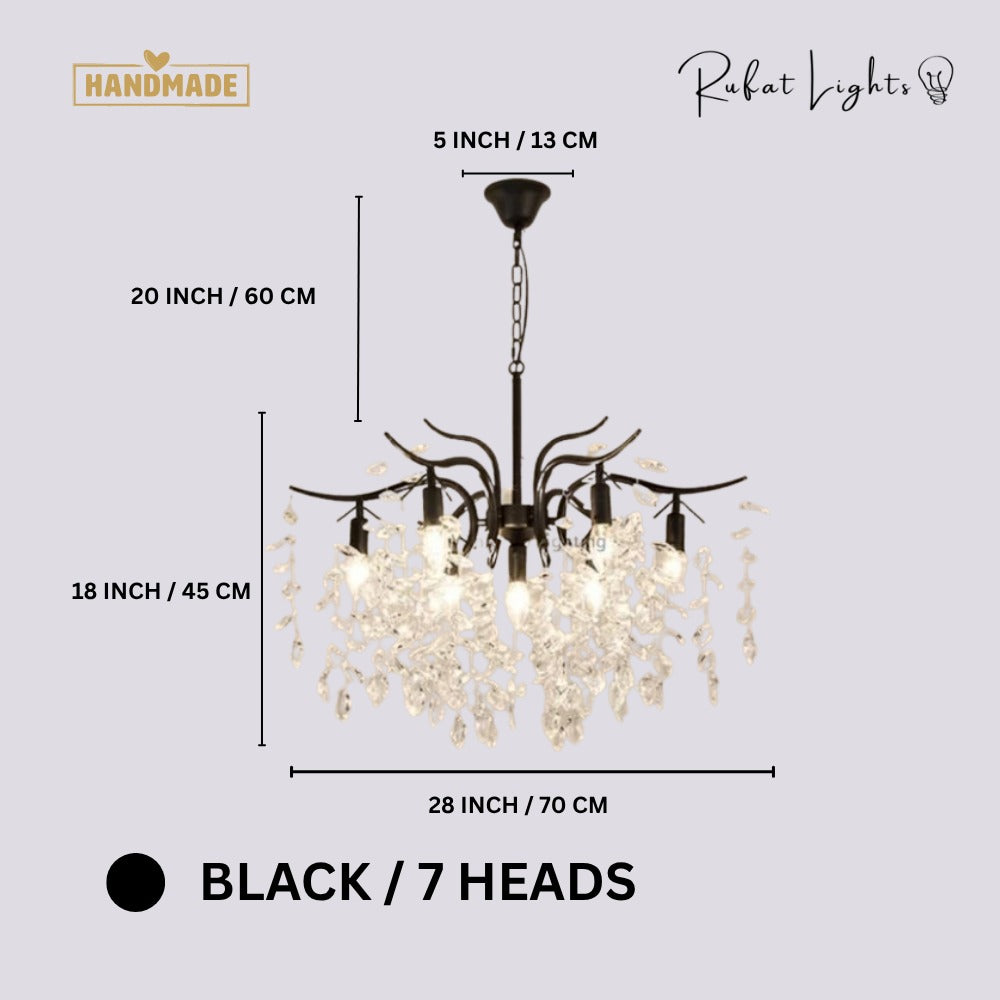 Nordic Art Branch Golden Crystal Chandelier Black 7 Heads dimensions: 28 in (70 cm) wide, 18 in (45 cm) high, 20 in (60 cm) chain