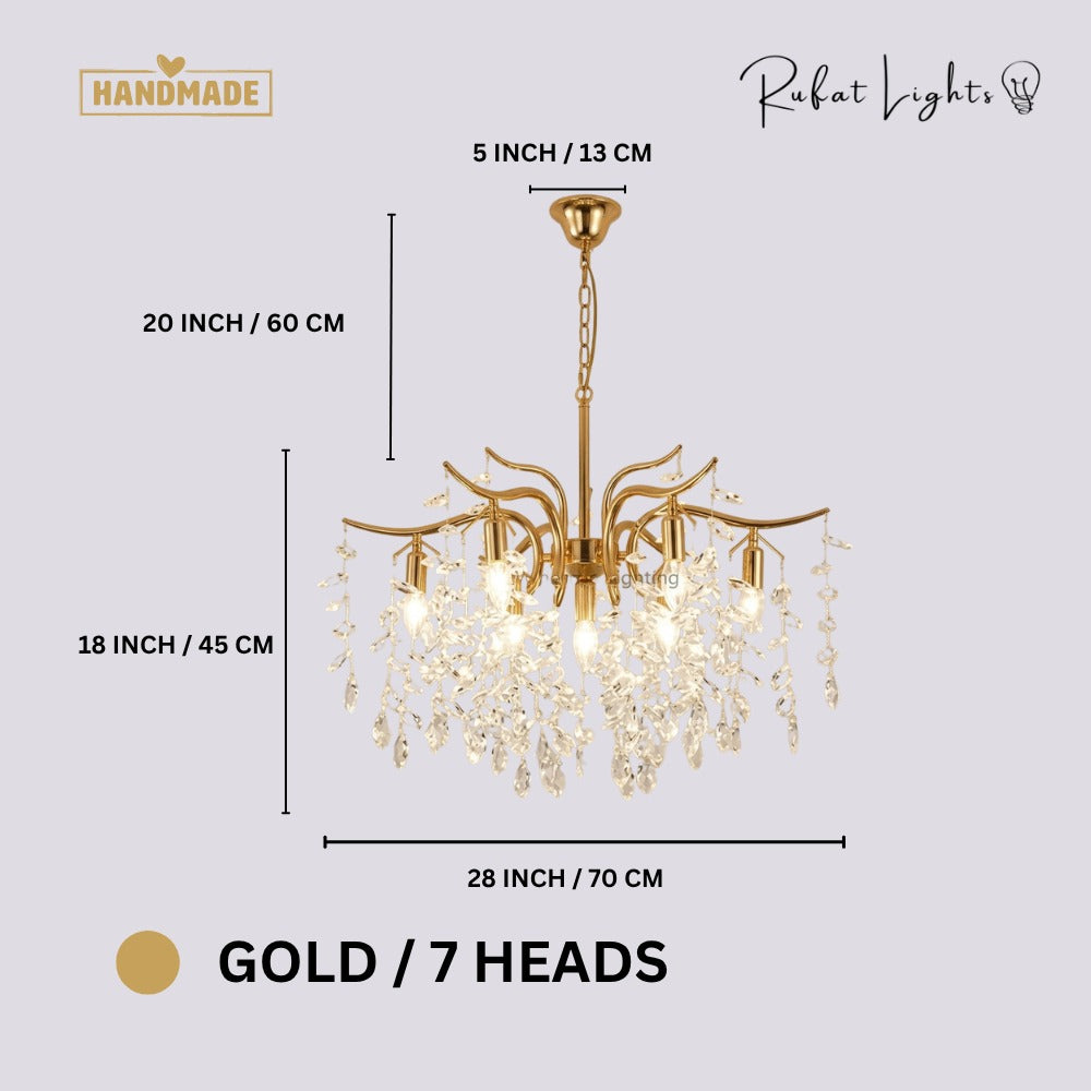 Nordic Art Branch Golden Crystal Chandelier Gold 7 Heads dimensions: 28 in (70 cm) wide, 18 in (45 cm) high, 20 in (60 cm) chain