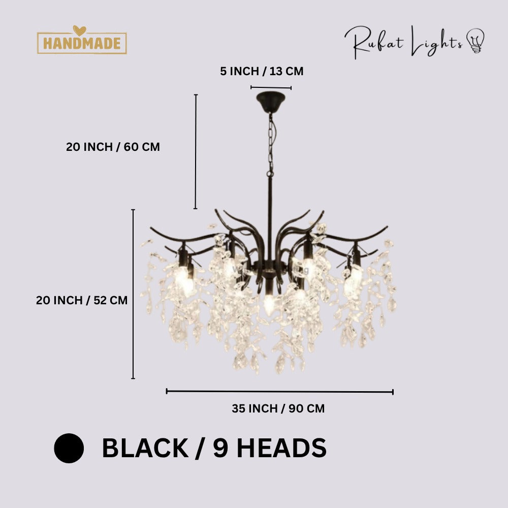 Nordic Art Branch Golden Crystal Chandelier Black 9 Heads dimensions: 35 in (90 cm) wide, 20 in (52 cm) high, 20 in (60 cm) chain