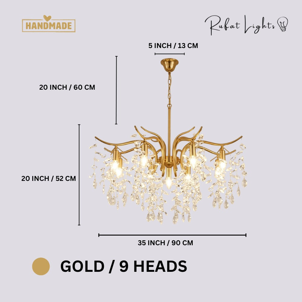 Nordic Art Branch Golden Crystal Chandelier Gold 9 Heads dimensions: 35 in (90 cm) wide, 20 in (52 cm) high, 20 in (60 cm) chain